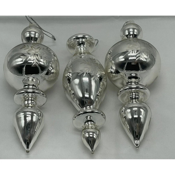 Vintage Set 3  Large Blown Glass Silver Finial Ornaments 6" - Picture 5 of 9